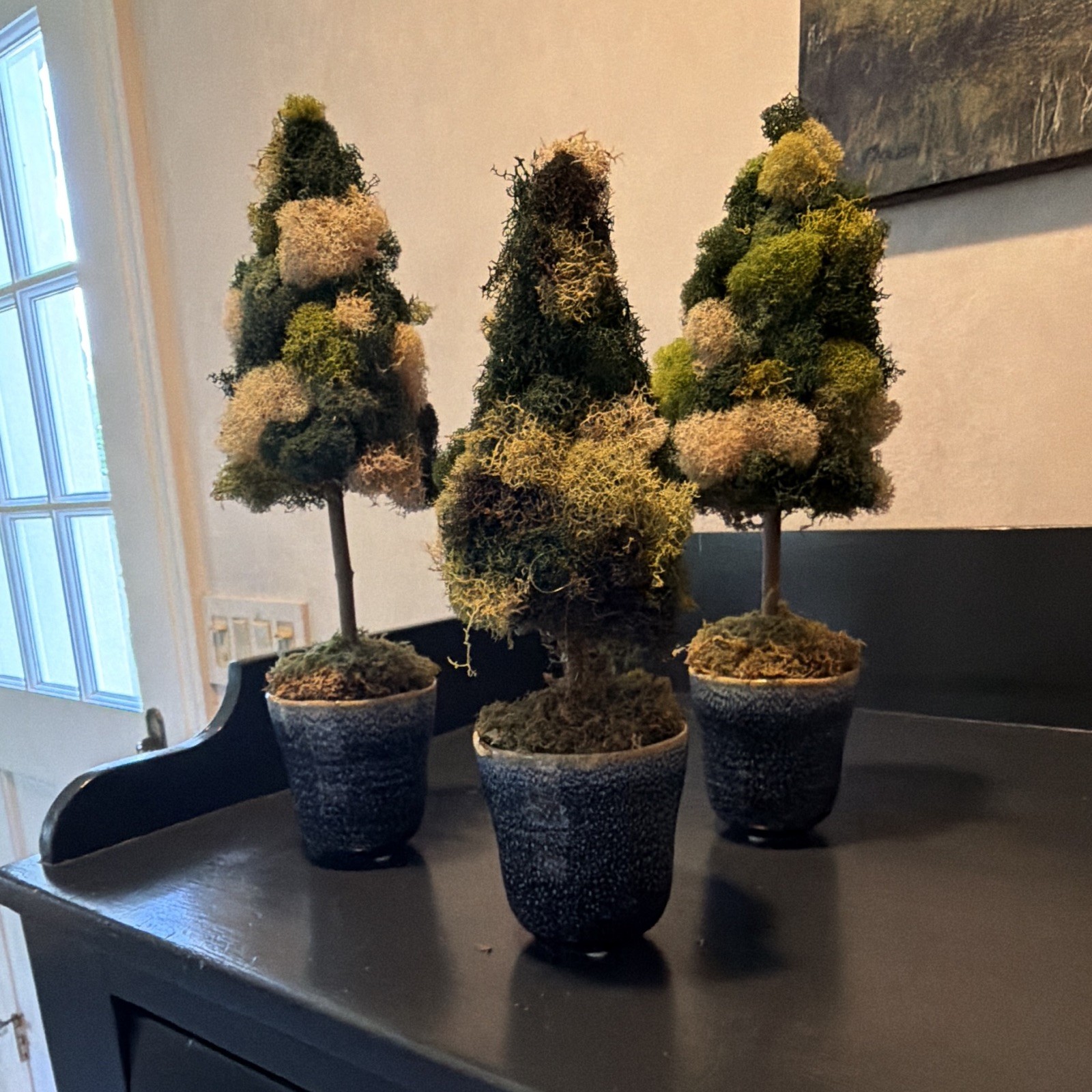 Set of 3 Artificial Moss Topiary Trees in Pots, Green/Beige Faux Topiary
