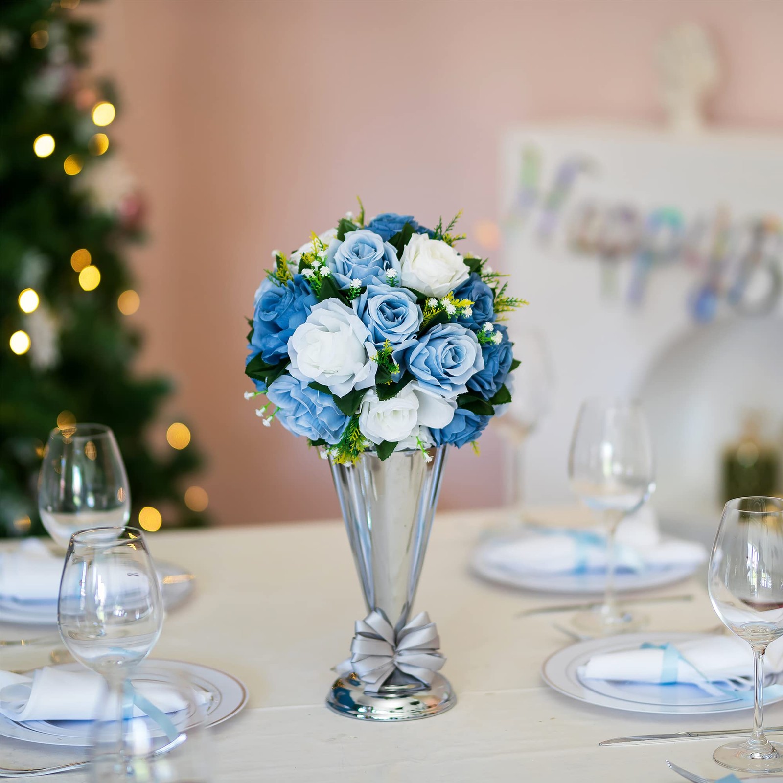 2 PCS Dusty Blue Fake Rose Flower Ball Centerpieces Silk Floral Bouquet
