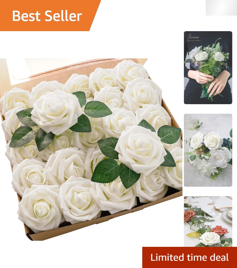 Realistic 25pcs Ivory Foam Roses with 8 Leaves for Stunning Floral Arrangements