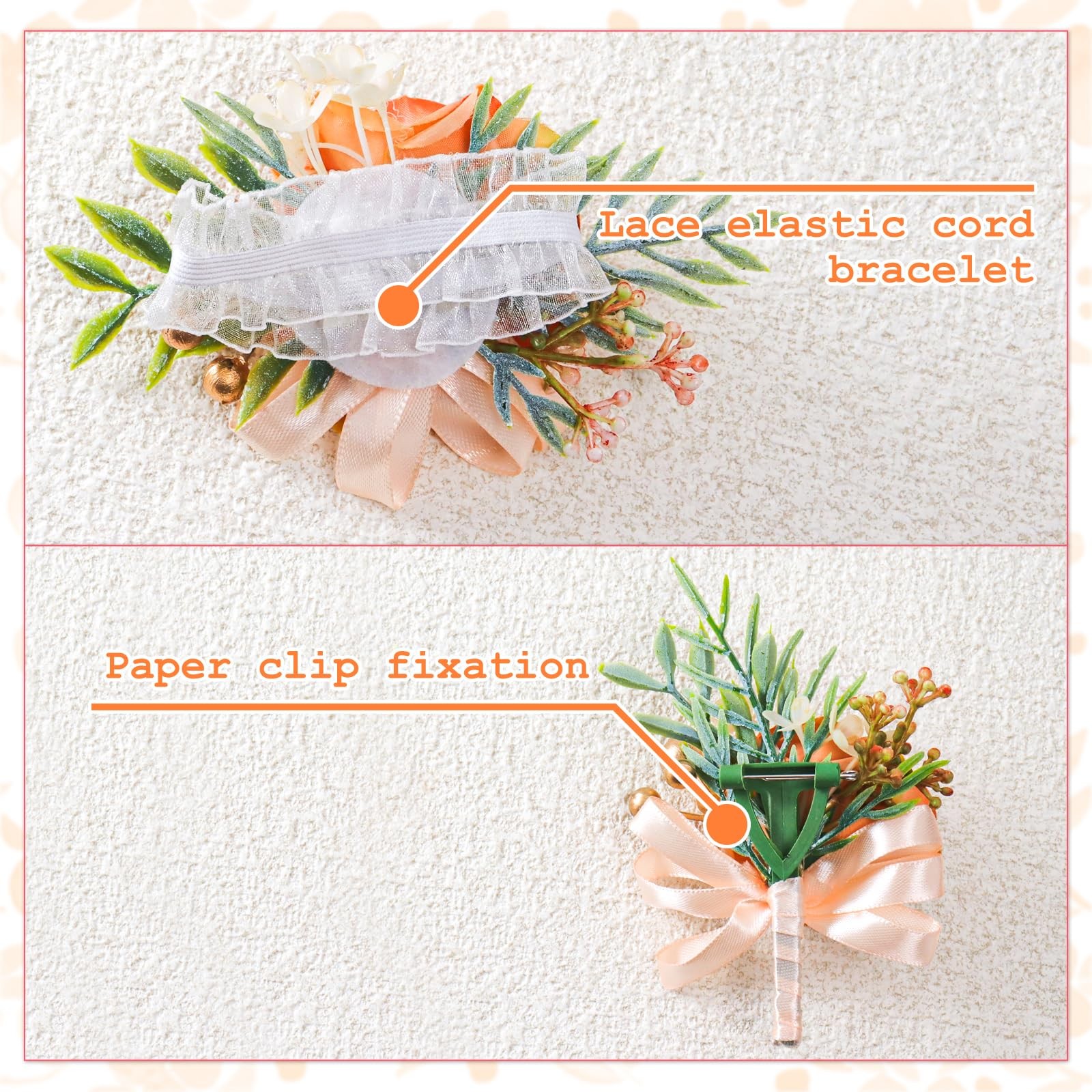 2 PCS Rose Wrist Corsage Boutonniere Set Wedding Artificial Flowers Orange