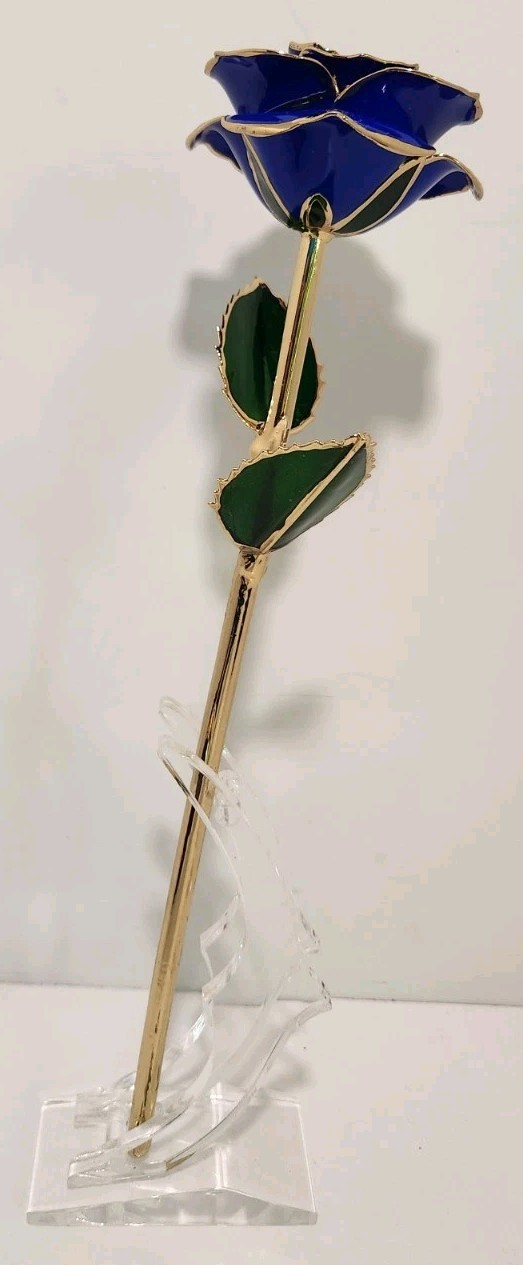24K Plated Blue Eternal Forever Gold Dipped Rose With Gift Box Display Stand NEW