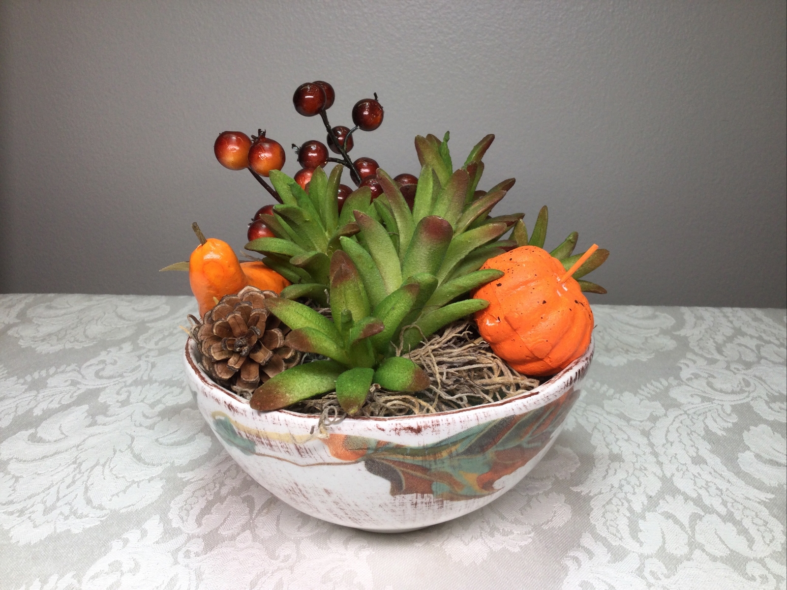 Floral Faux Succulent Arrangement Tuscan Bowl Centerpiece Fall Autumn Decor