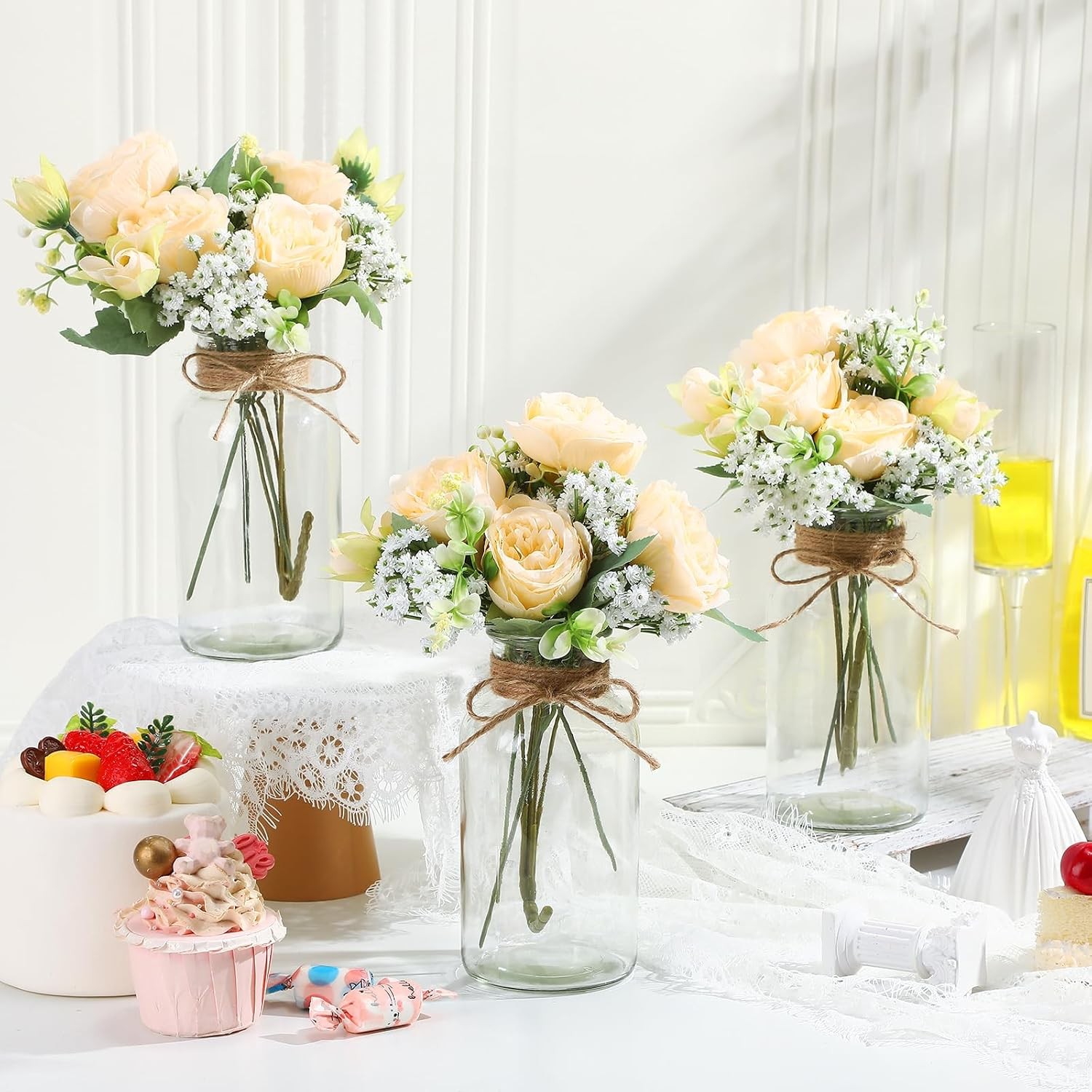 6 Sets Mason Jar Table Centerpiece W/ Artificial Peony Baby’s Breath Flower