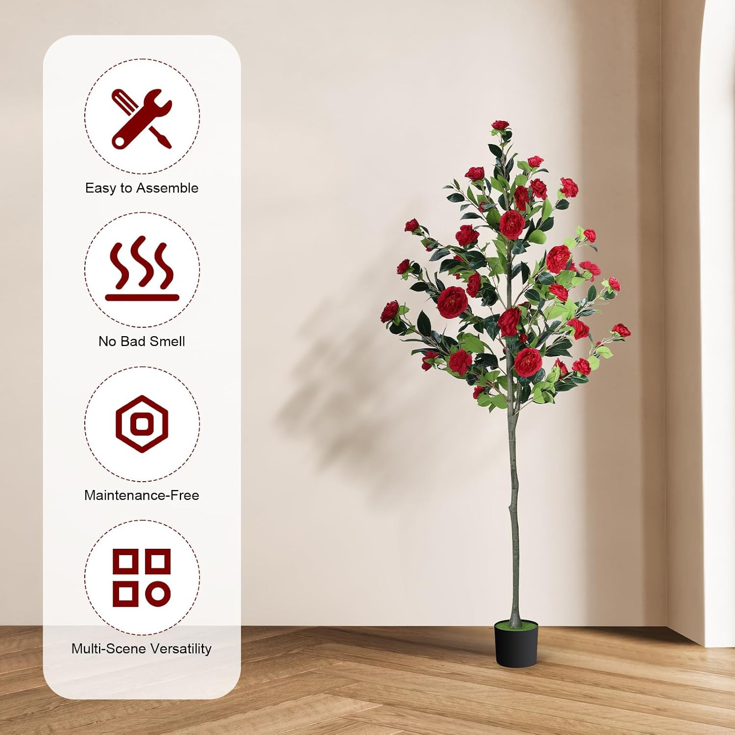 6FT Faux Camellia Tree with Red Flowers – Lifelike & Low Maintenance Decor