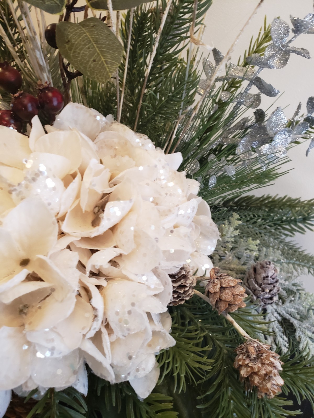 Cream Hydrangea Christmas Arrangement, Rustic Farmhouse Evergreen Decor