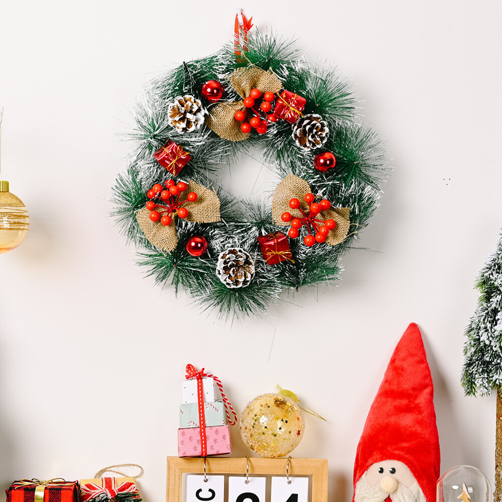 31cm 12″ Christmas Wreath Door Garland w Pinecone Red Berry Xmas Wall Tree Décor