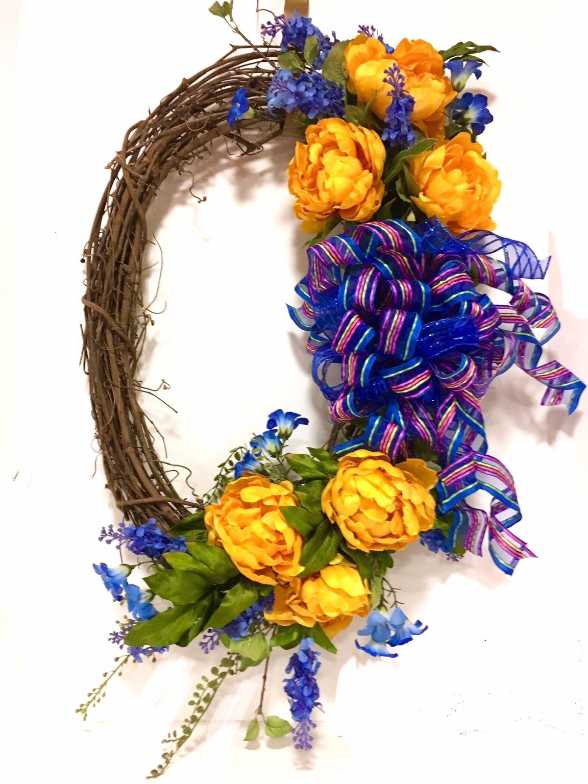 Spring Summer All Season OVAL Floral Wreath Blue Gold Yellow Indoor Outdoor 24”