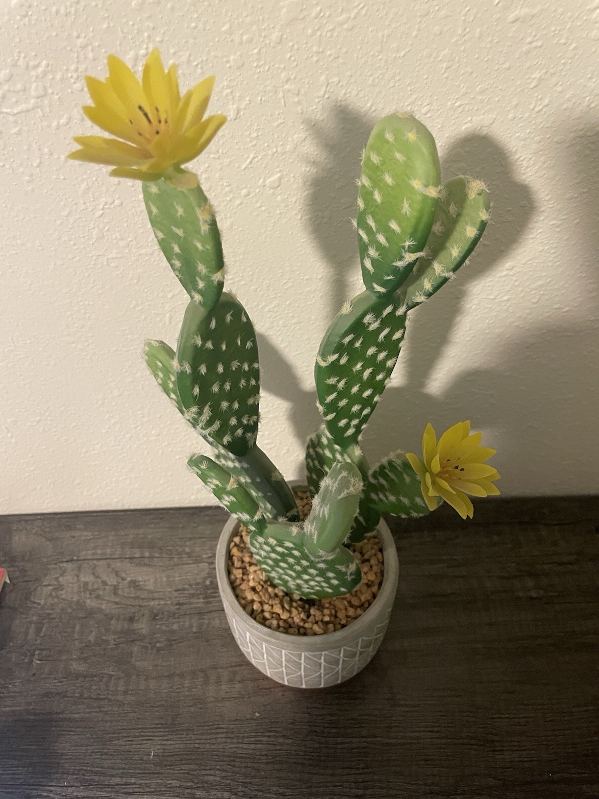 Artificial Cactus Arrangement, White Patterned Pot, Yellow Flowers