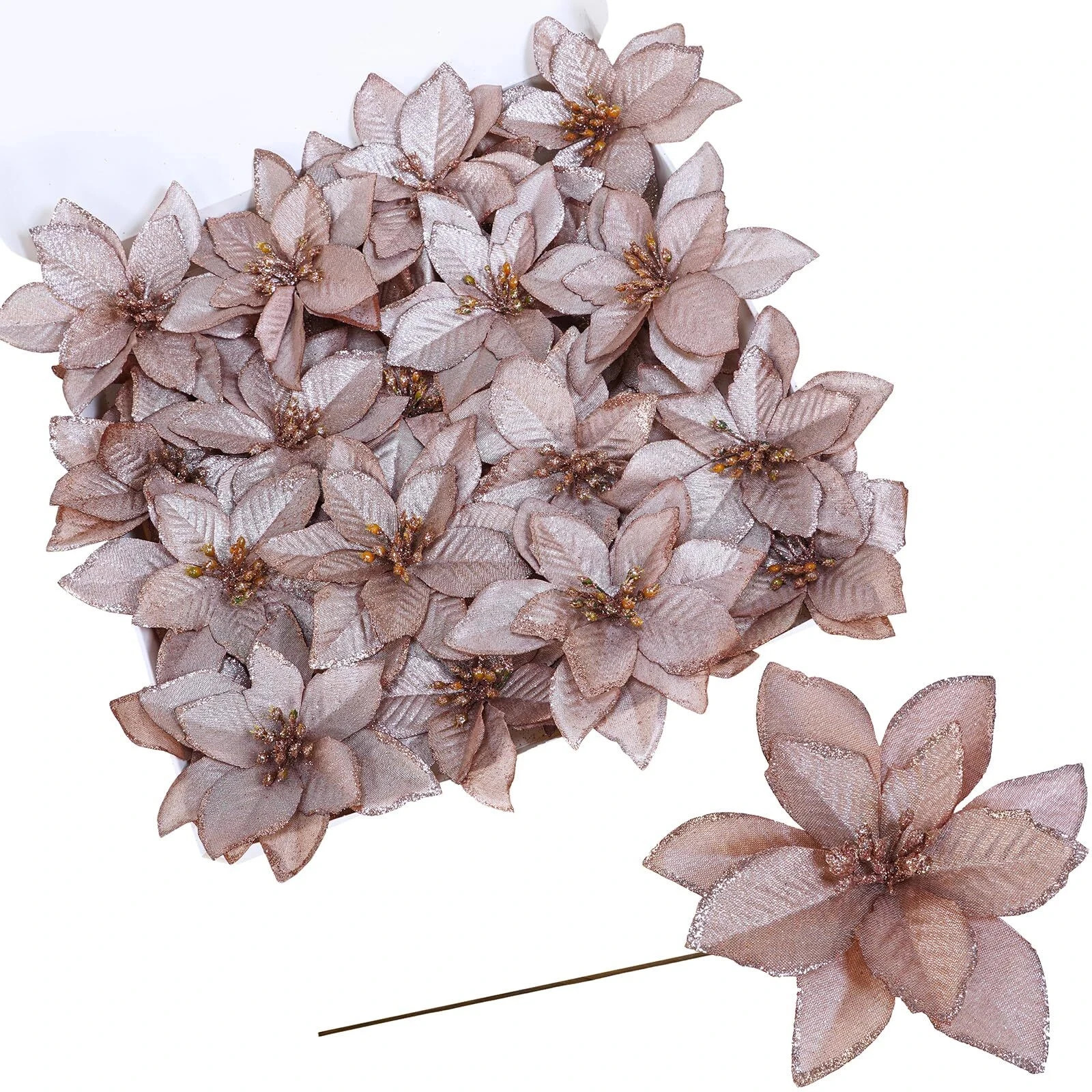 24 Pcs Christmas Glittered Poinsettia Floral Picks Rose Gold Artificial Silk Poi