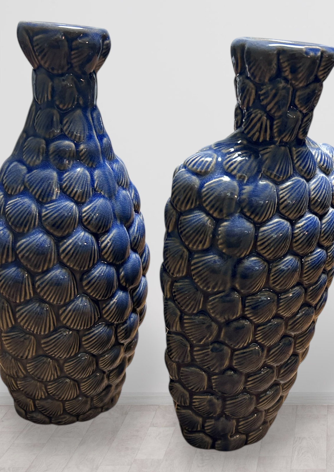 Vintage Blue Decorative Ceramic Vase set — Textured Shell Design Coastal Home Ac