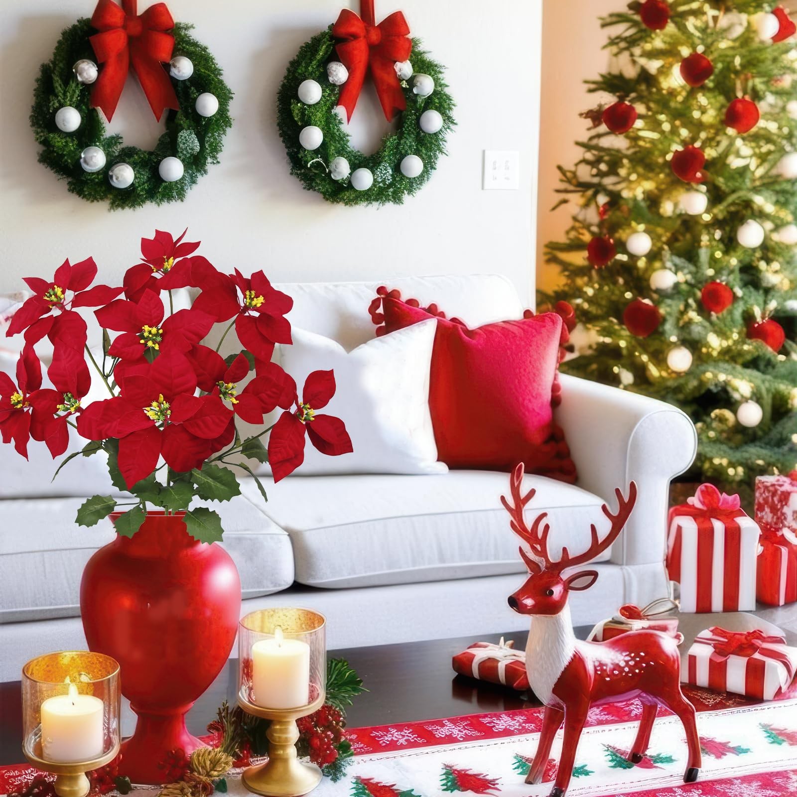 3 Pcs Christmas Flowers Red Artificial Poinsettia Bushes Christmas Poinsettia…