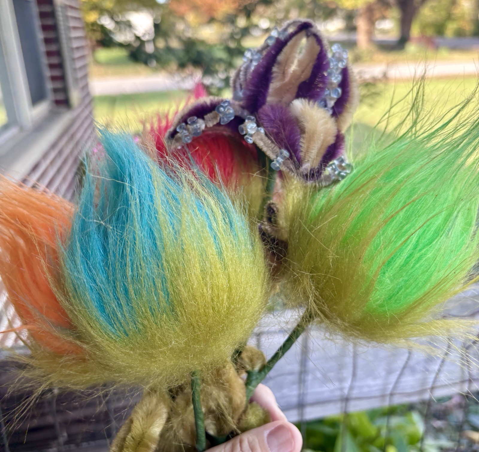 Vintage Handmade Flower Bouquet Beads Pipe Cleaner Troll Hair Whimsical Fantasy