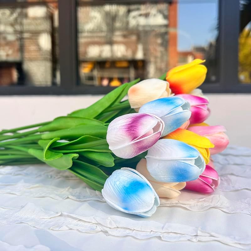 24PCS PU Artificial Tulips Fake Flowers for Wedding Bouquets Real Touch Latex Tu