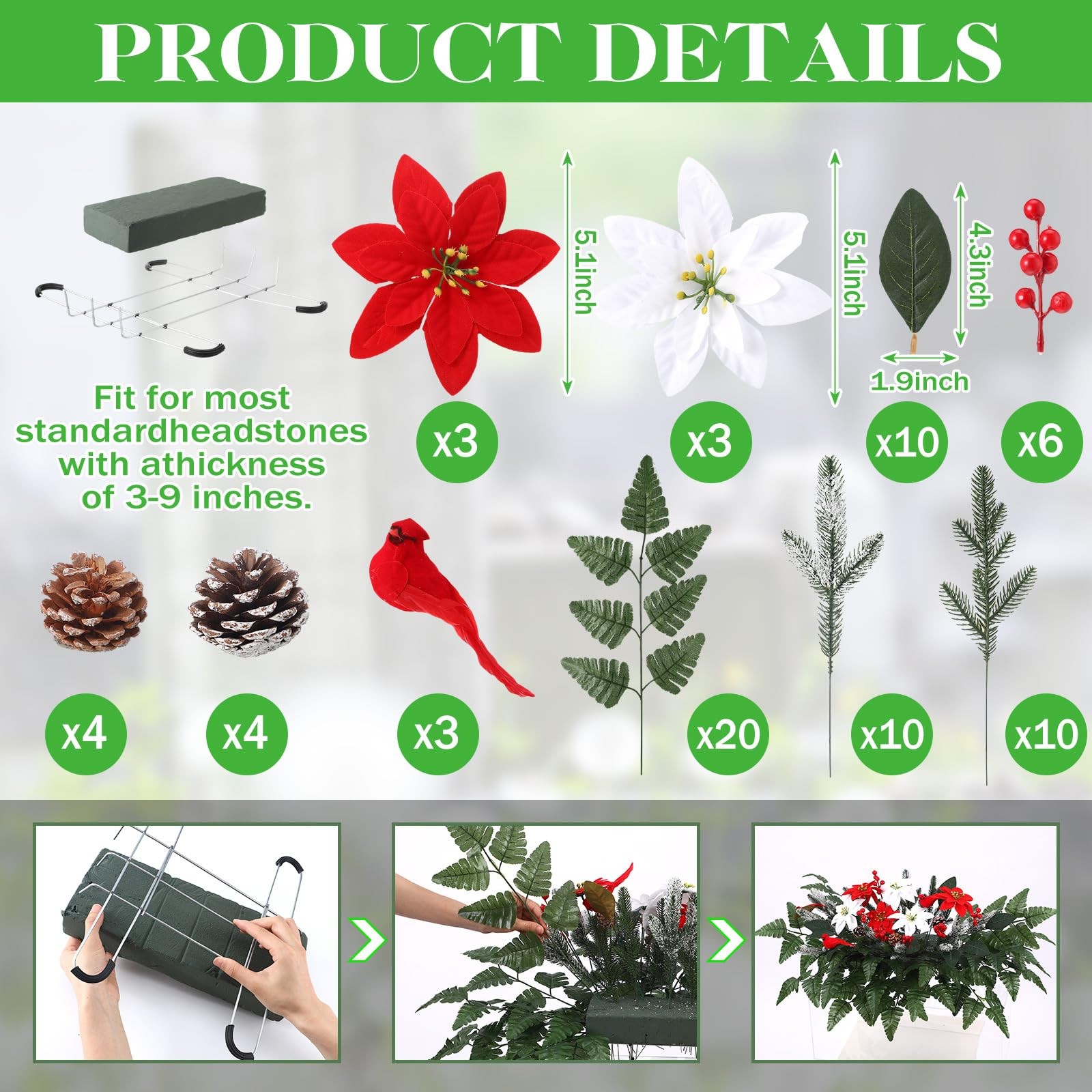 70 Pcs Artificial Christmas Cemetery Flowers Headstone Flower Saddle Artifici…