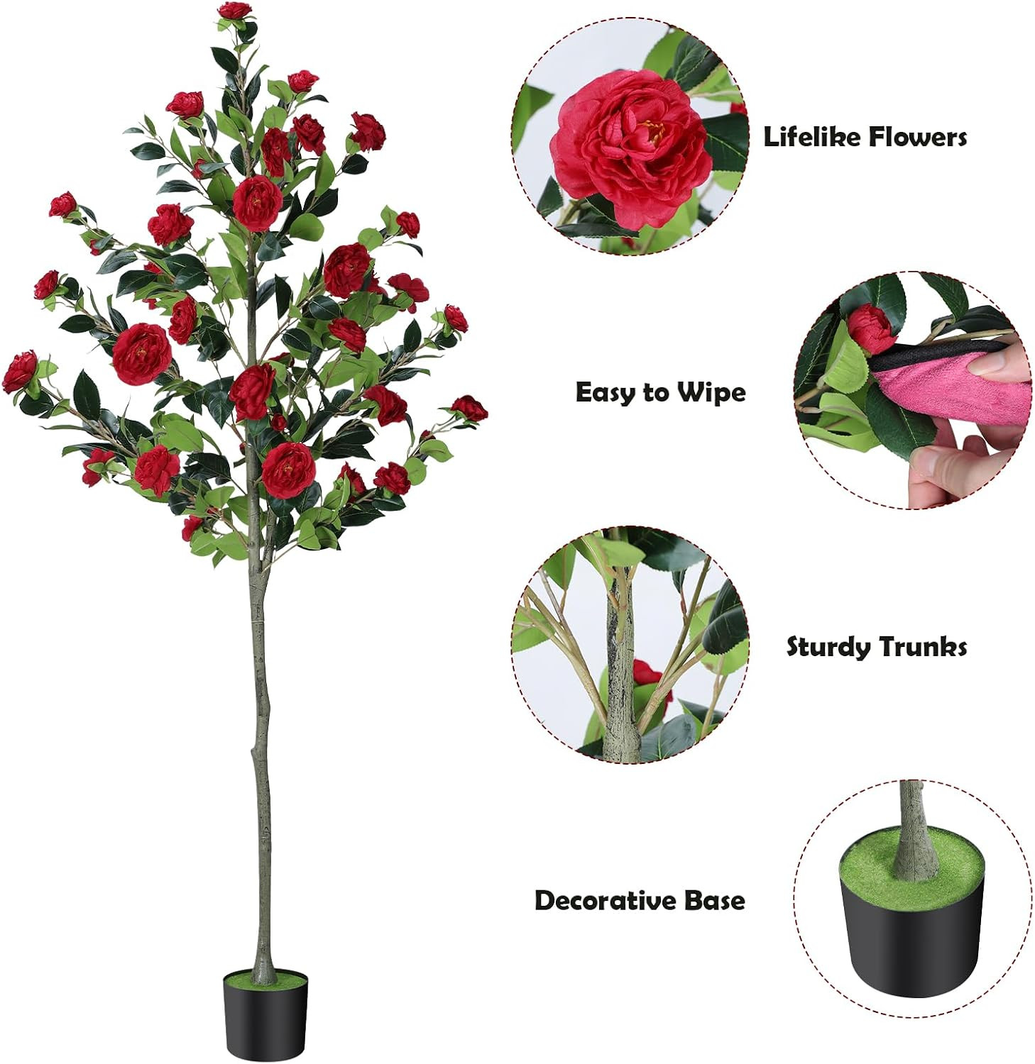 6FT Faux Camellia Tree with Red Flowers – Lifelike & Low Maintenance Decor