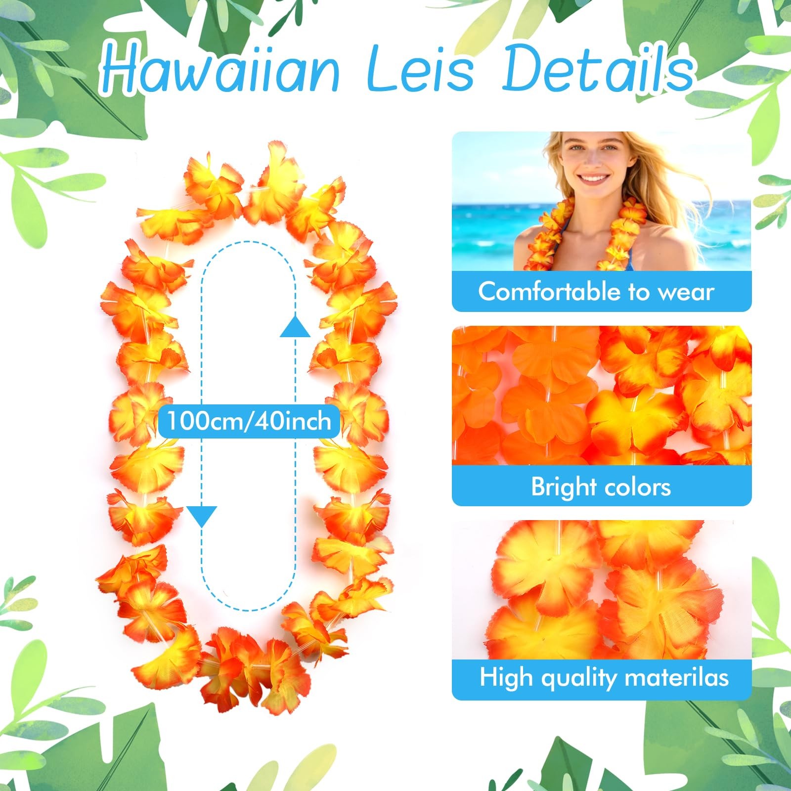 50 PCS Hawaiian Leis Bulk Colorful Tropical Flower Necklace for Luau Party De…