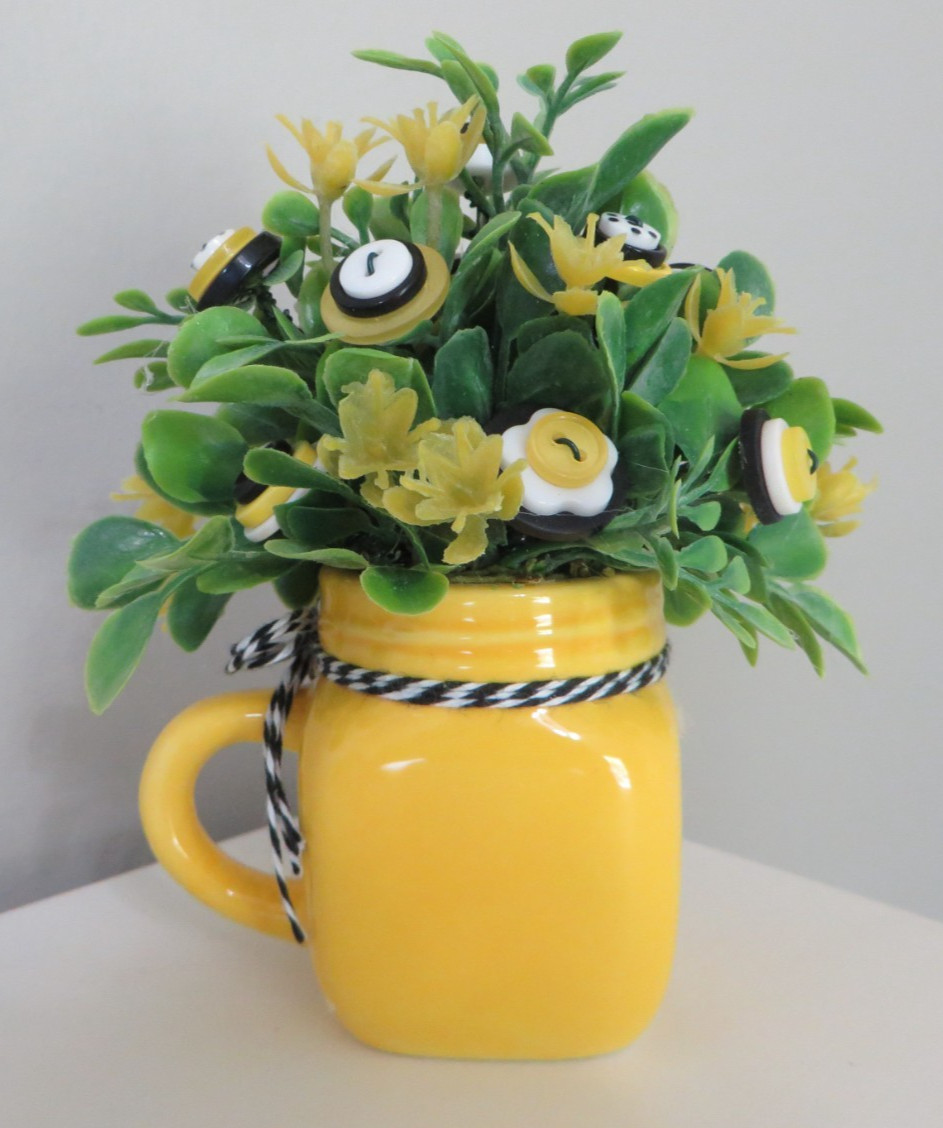 Button Flower Bouquet in MINI Bee Themed Espresso Mug – Summer Home Decor #648