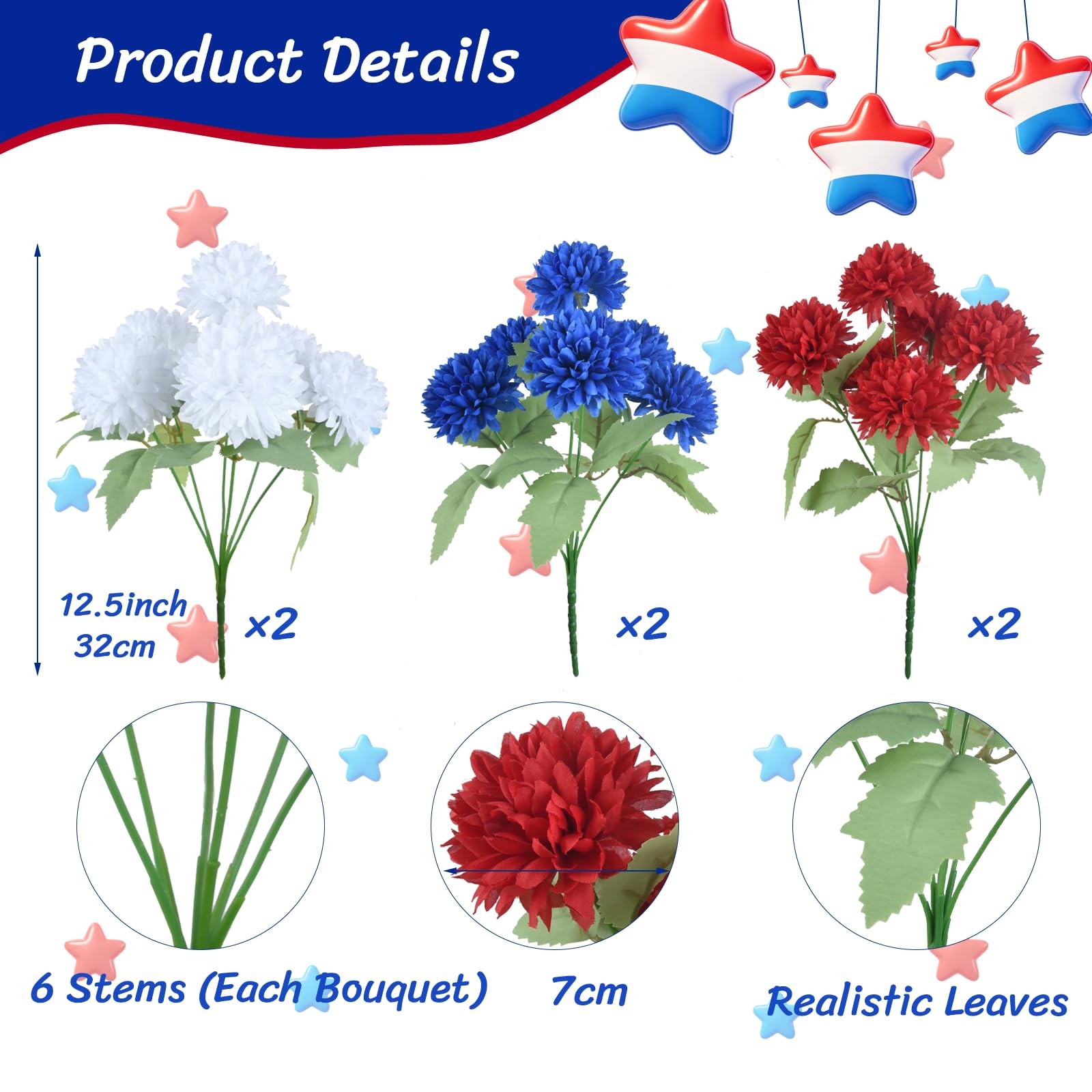 36 Heads Artificial Chrysanthemum Flowers Red White and Blue Flowers 6 Bundle…