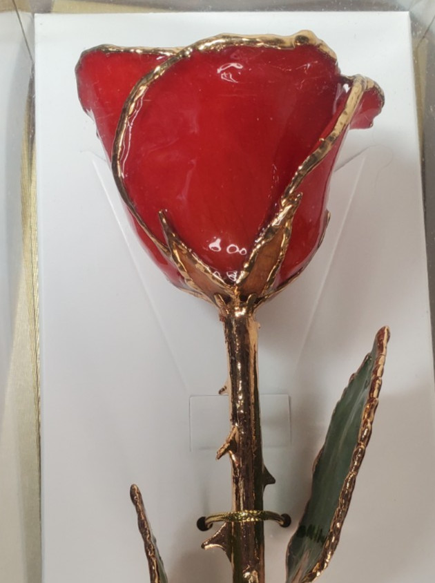The Rose Lady, Red Rose Trimmed In 24KT Gold Preserved In Lacquer New In Box
