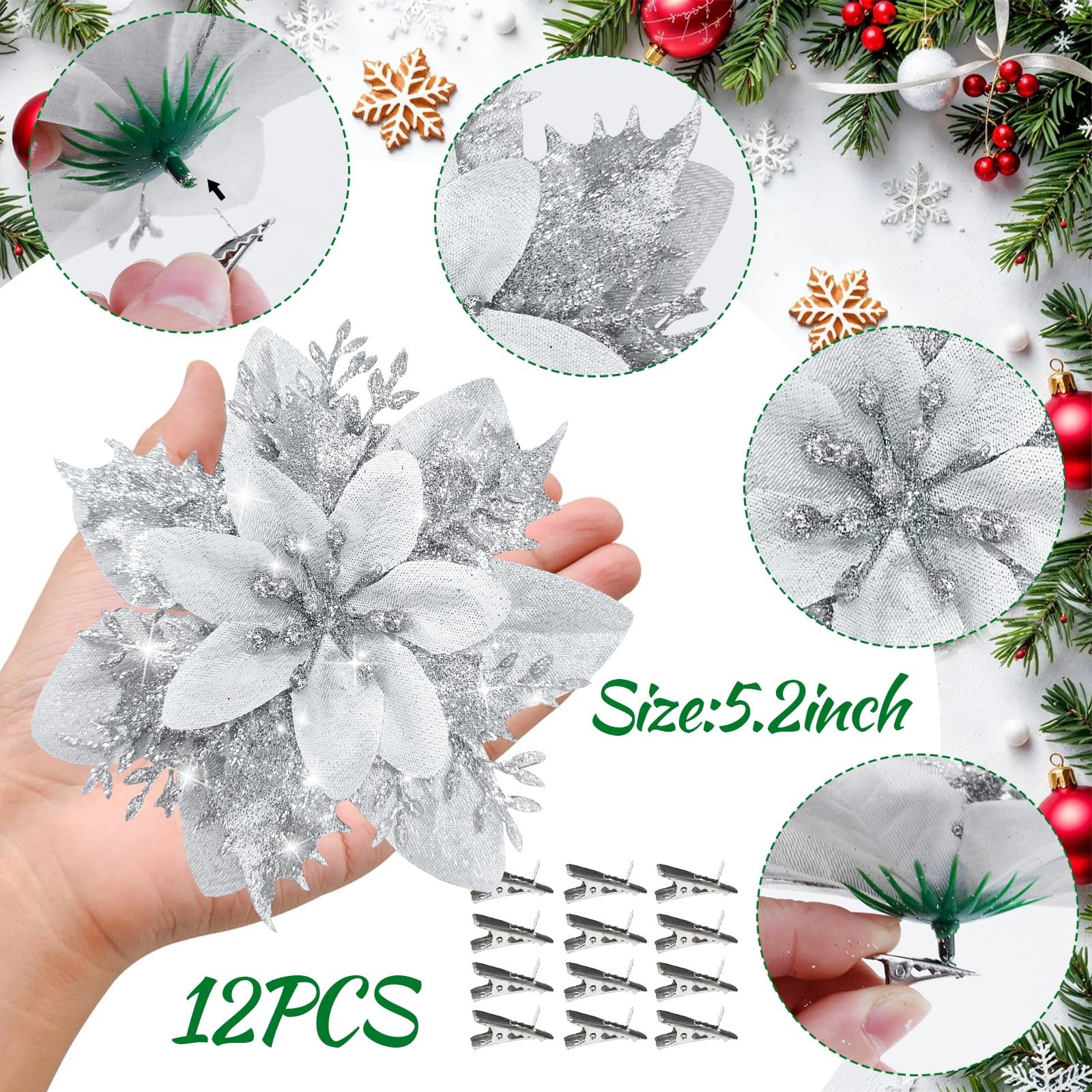 Silver Poinsettia Flower with Clips 12PCS Artificial Poinsettia Flowers Picks…