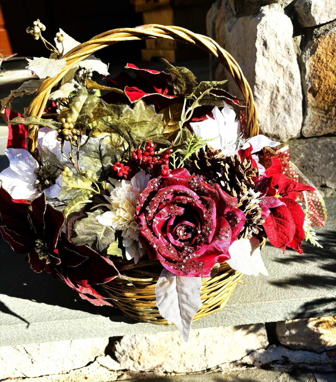 Burgundy and Gold Flower Christmas Basket