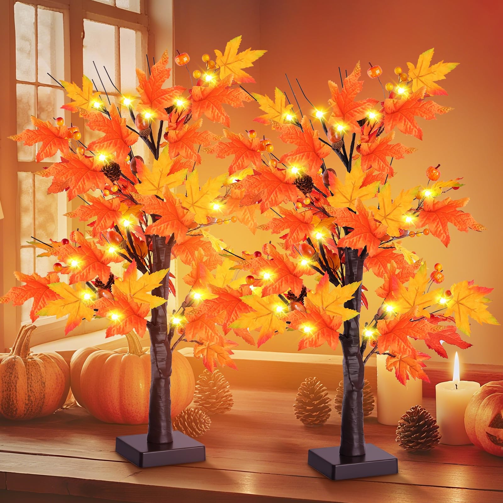 2 Pack 24 Inch Prelit Lighted Maple Tree, Artificial Fall Tree with 24 LEDs T…