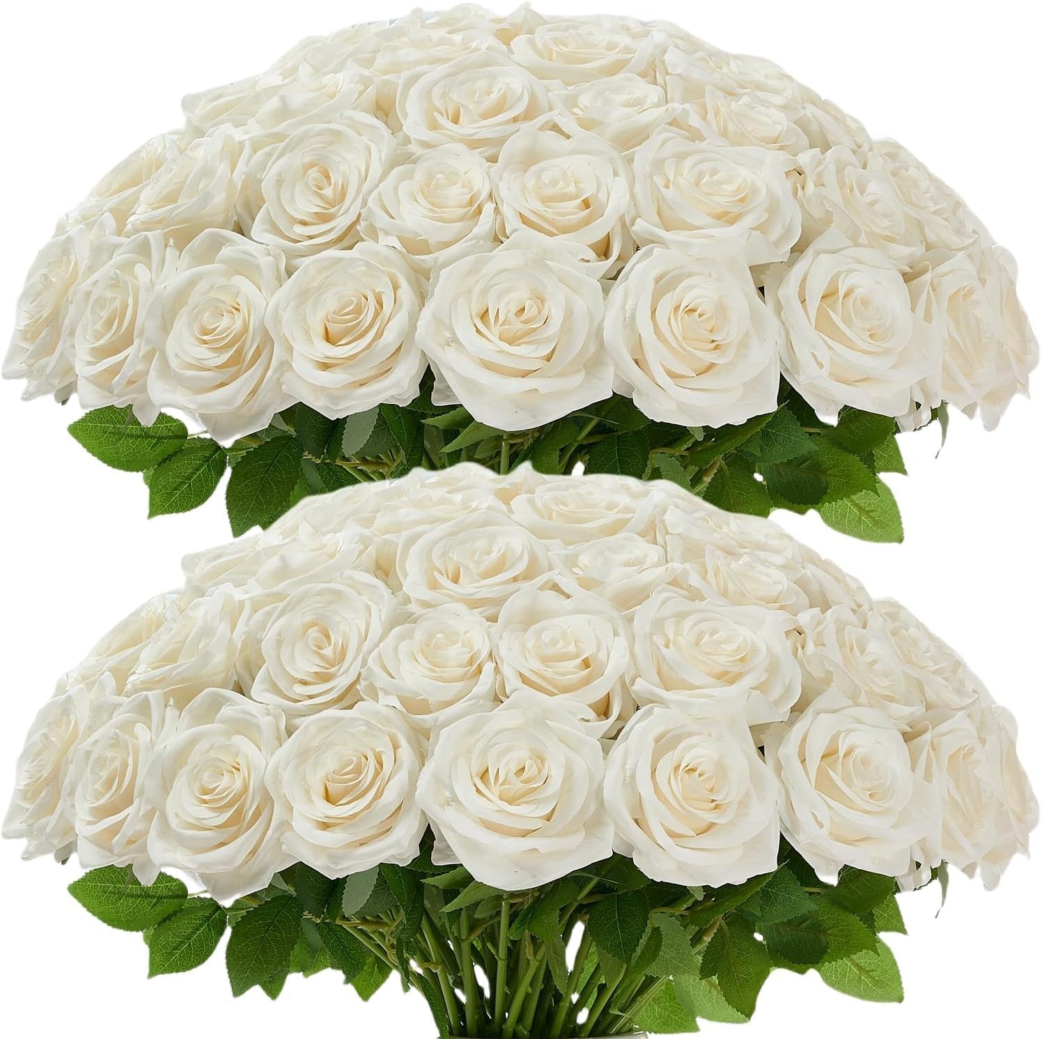 100 Pcs White Rose Artificial Flowers Bulk, Ivory Silk Fake Roses with Long S…