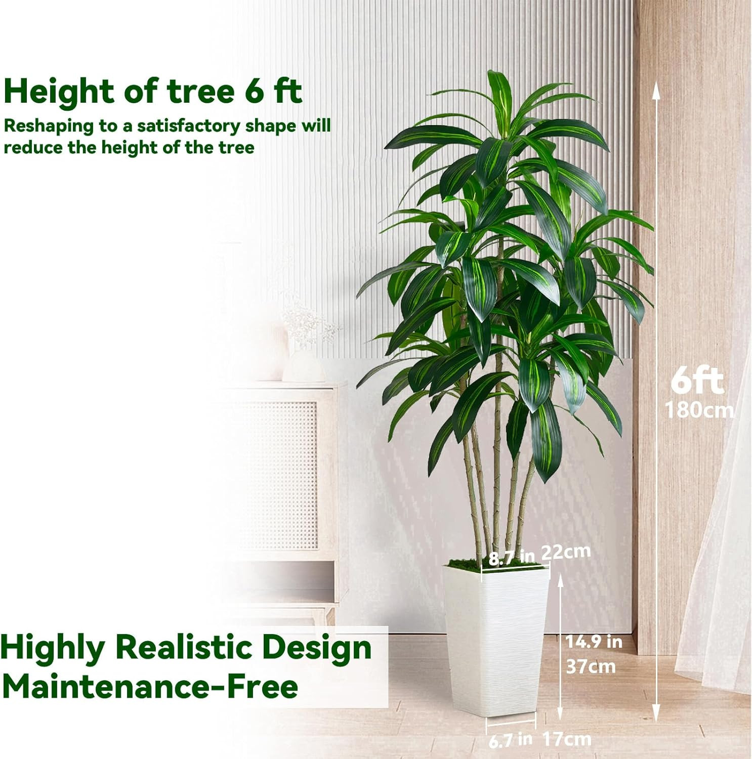 6FT Artificial Dracaena Tree in White Tall Planter – Faux Tropical Yucca Plant