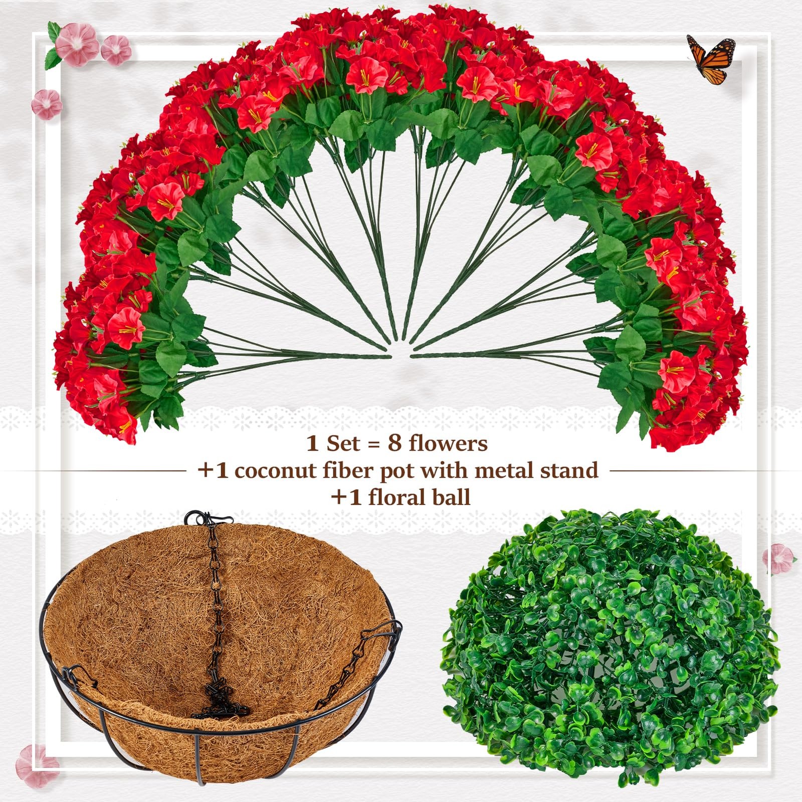 Set of 2 Artificial Hanging Flower Baskets for Outdoor Decor, 16 Bundles Faux…