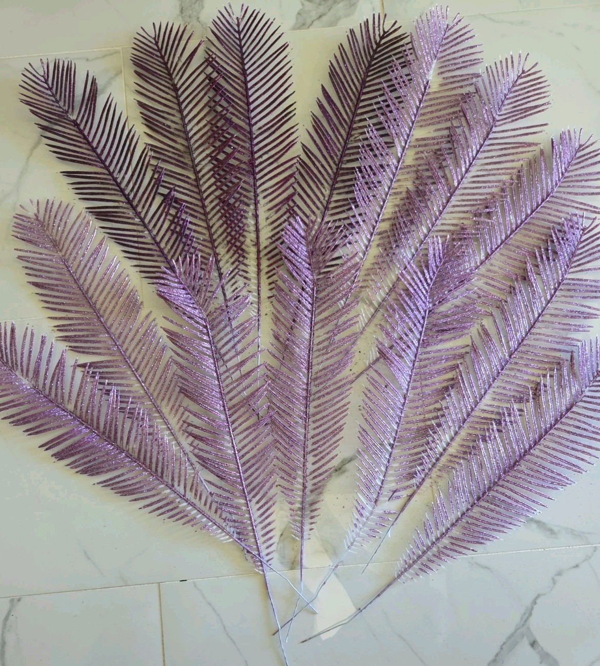 14 Pieces Purple Glittered Retro Plastic Forrest Fern, Size 15″