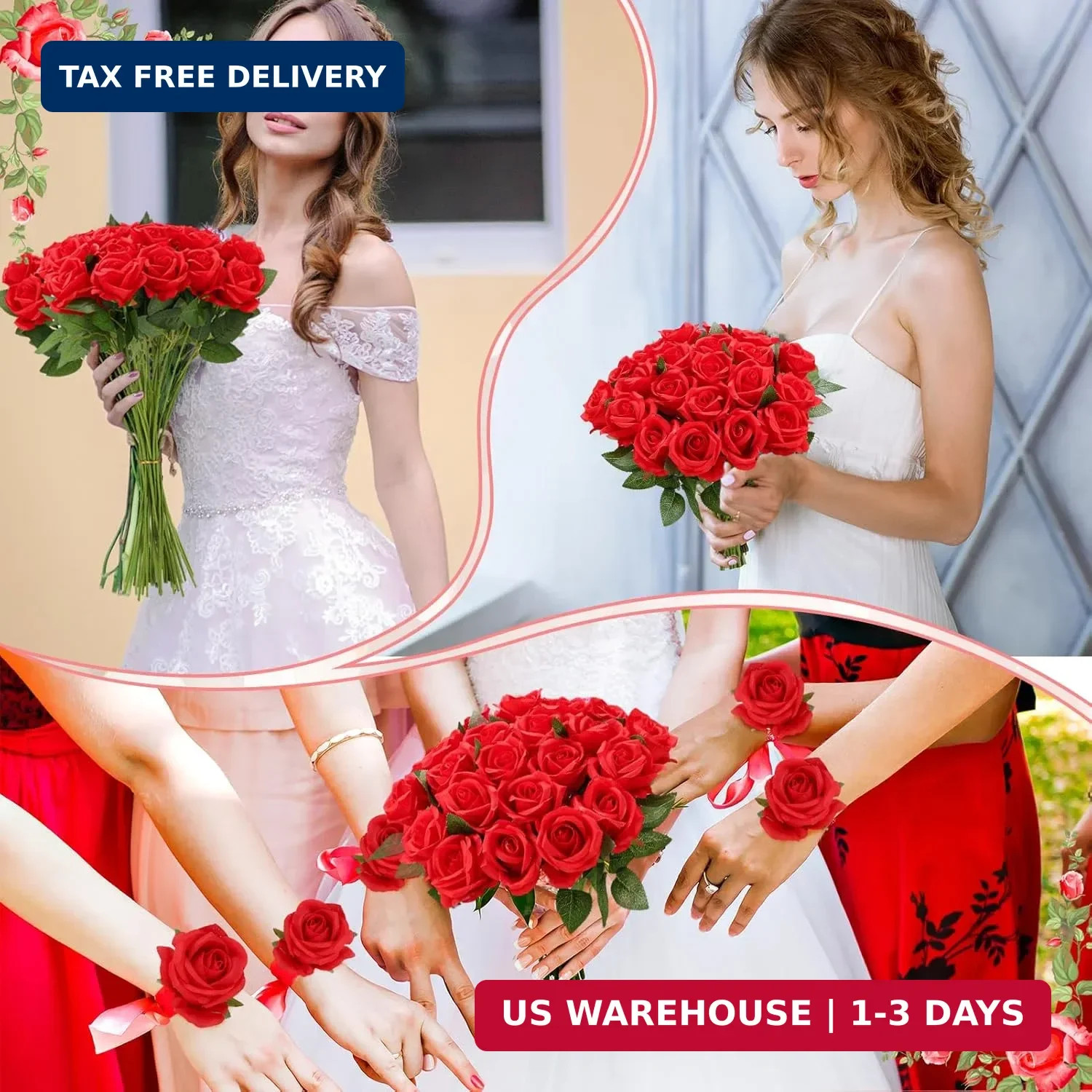 24 Pcs Red Rose Artificial Flowers with Long Stem Real Touch Silk Plastic Bouque