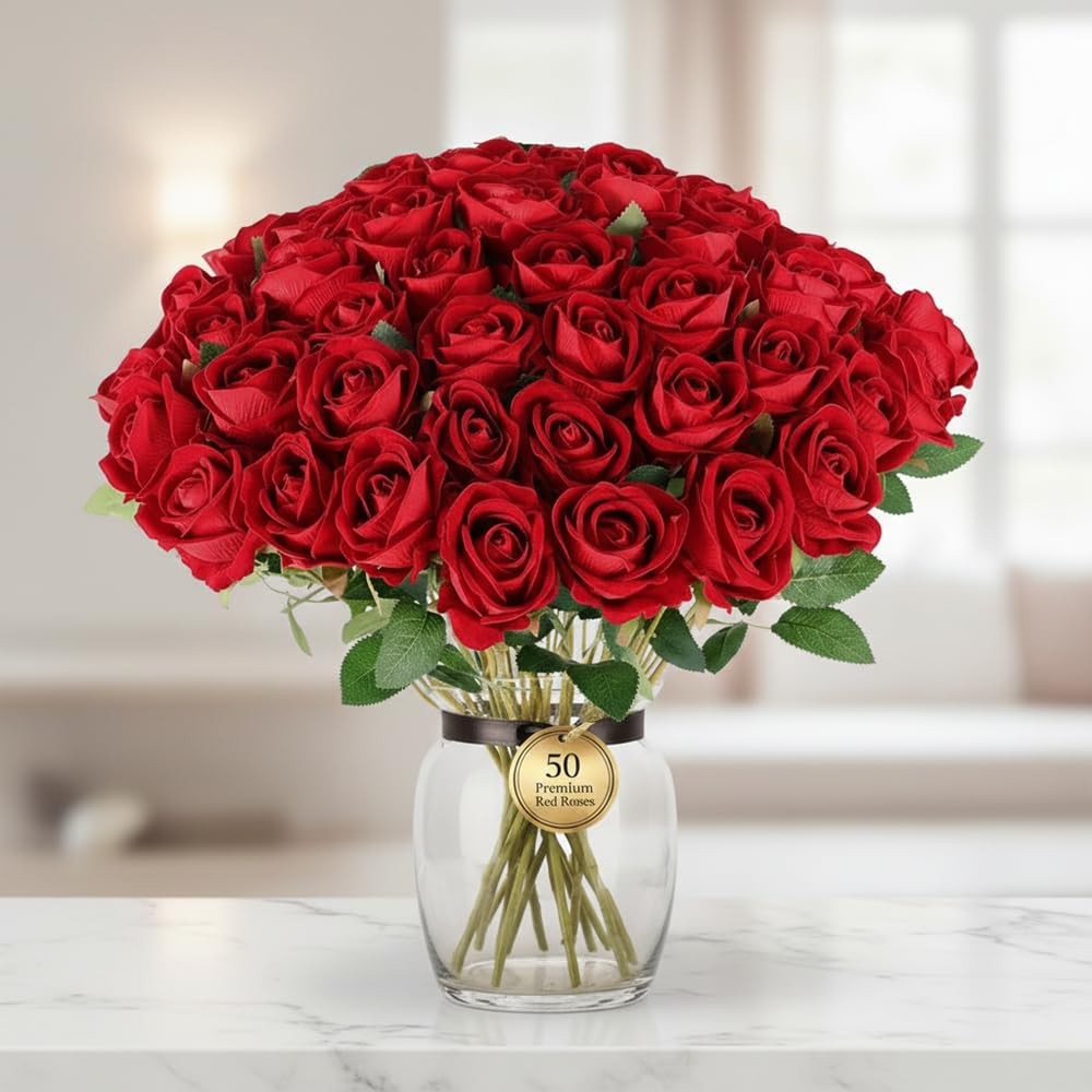 Red Realistic Velvet Silk Artificial Roses Faux Flowers Bouquet 50 PCS Decor