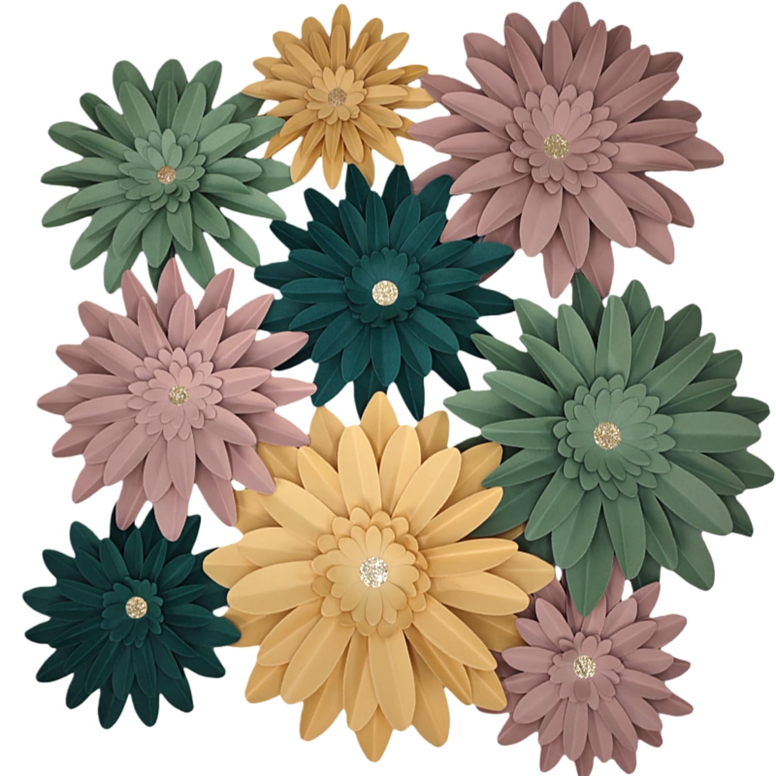 Dusty Pink-Sage Green-Mustard Yellow 3D Paper Flower Wall Decor Set of 9 – Ha…