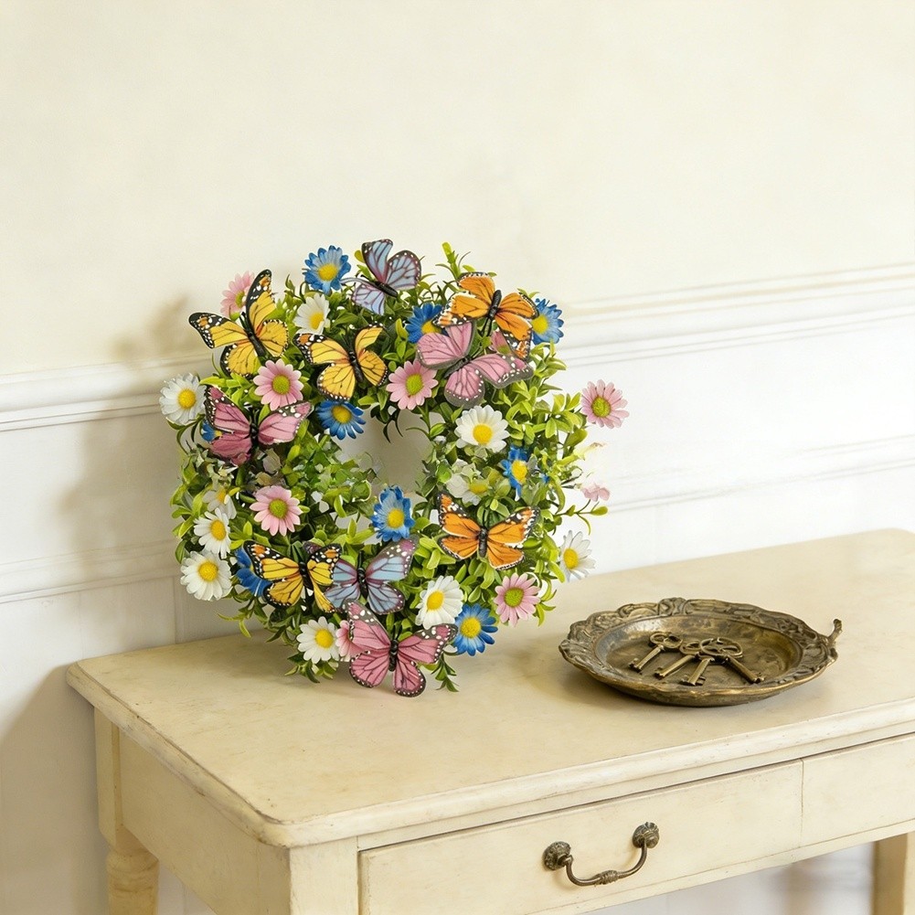 Lightweight 180g Spring Wreath Butterflies Daisies Eucalyptus 35cm For Home Use