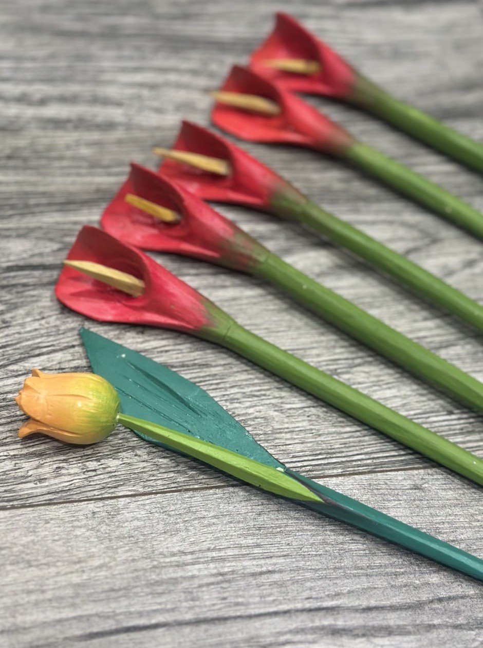 Wood Flowers Long Stem 9”- 31” floral arrangement Rose Tulip Lily Home Decor Lot