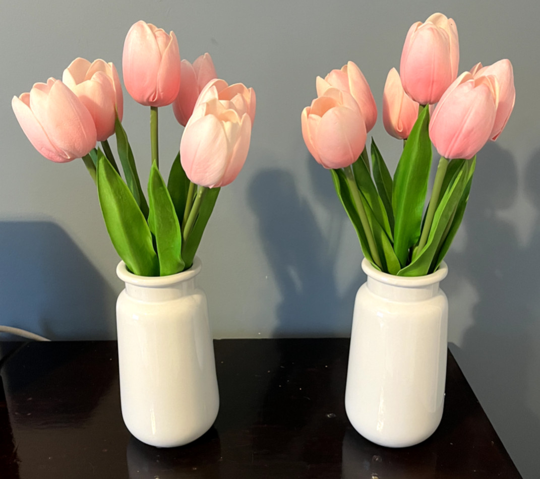 Artificial Pink Tulips Arrangement in White 7″ Vase, Set of 2, 14.5″ Tall NEW