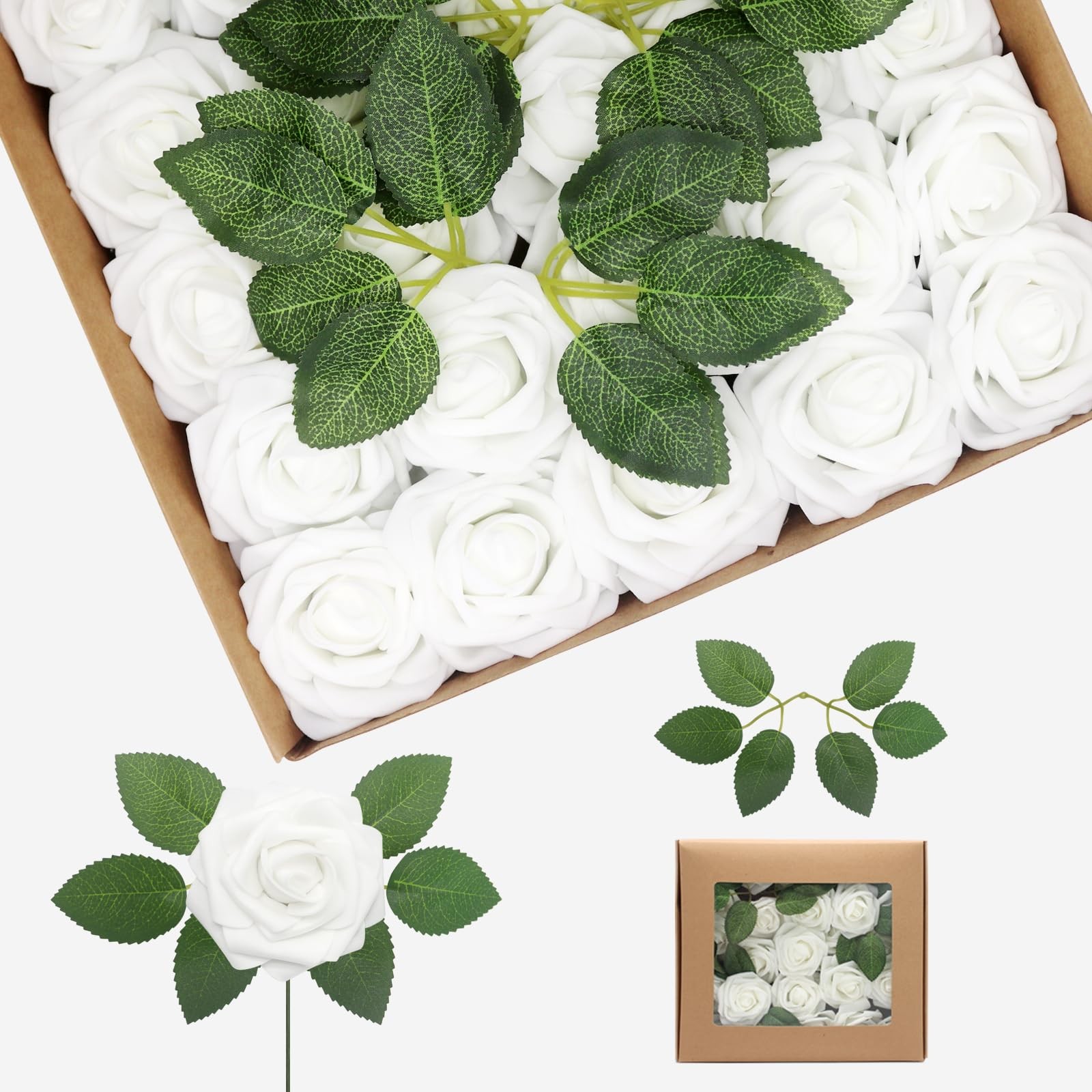 25 PCS White Artificial Flowers Real Looking Foam Fake Roses Wedding Combo