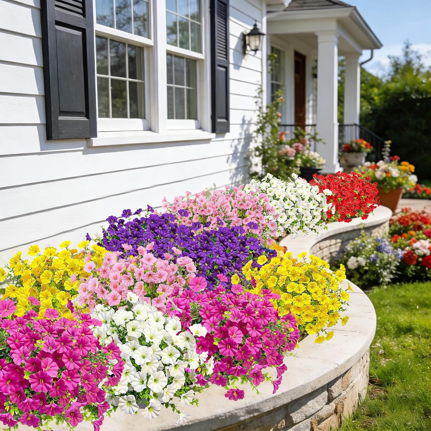 24 Bundles Artificial Flowers for Outdoors, Fake Petunias Flowers Silk Morning G