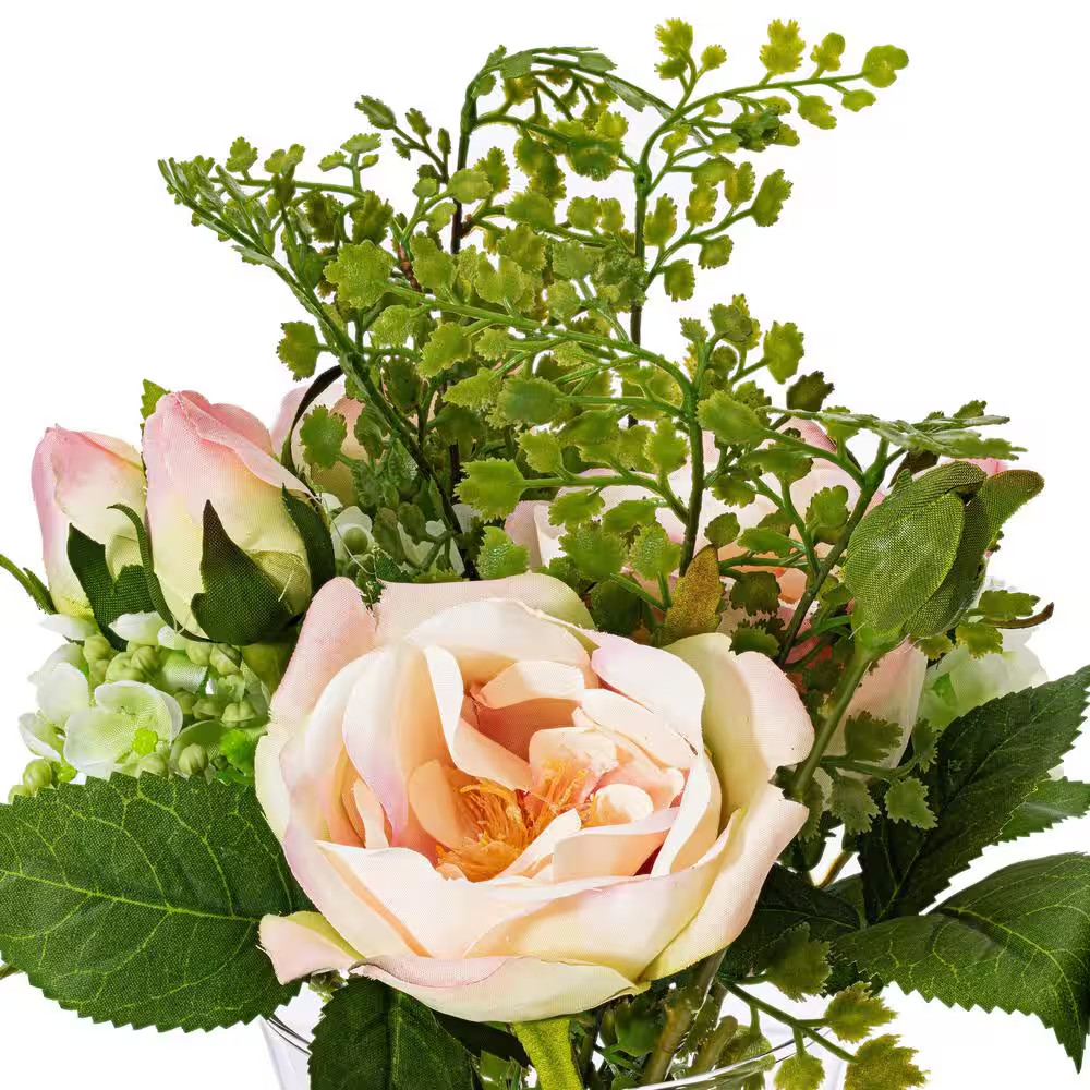 11 In. Pink Artificial Rose Floral Arrangement in Glass Vase