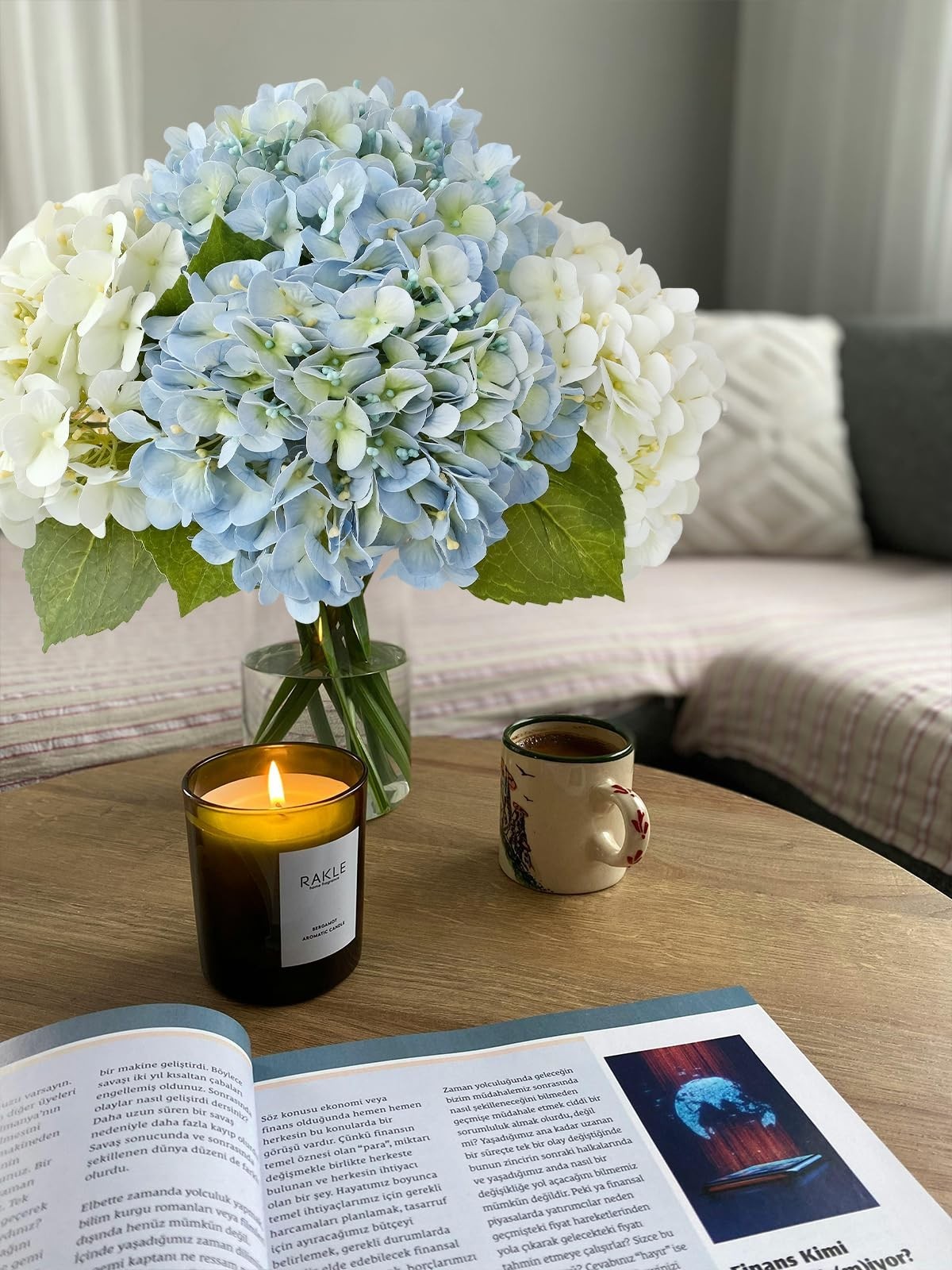 SUMTIPHUN 4 Pcs 20” Real Touch Hydrangeas 2 White 2 Light Blue Artificial