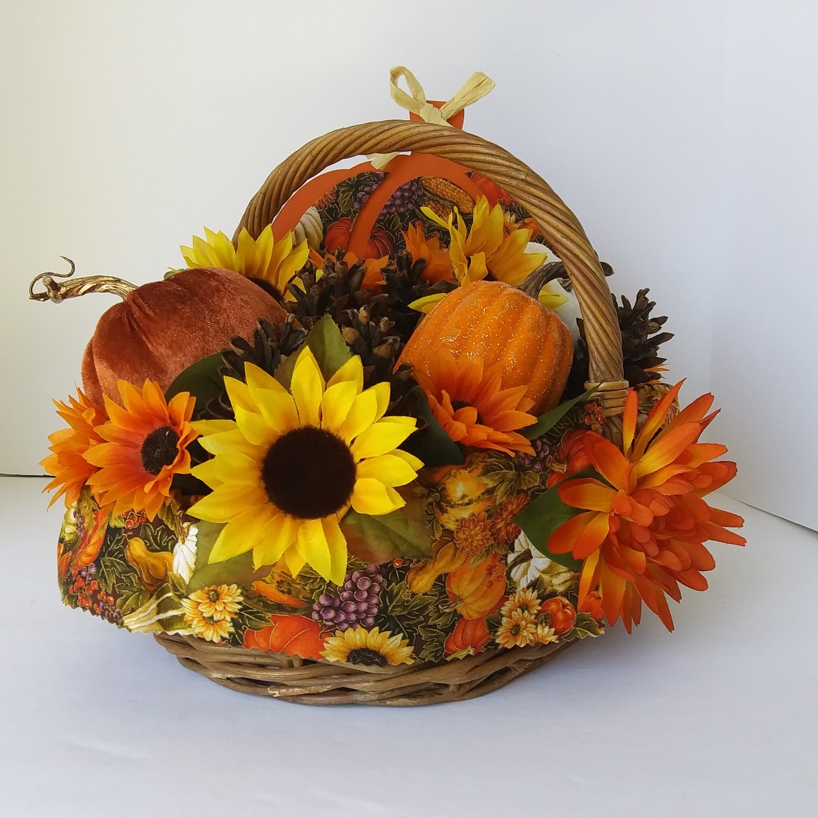 Fall Harvest Basket Centerpiece Sunflowers Pumpkins Pinecones Autumn Décor