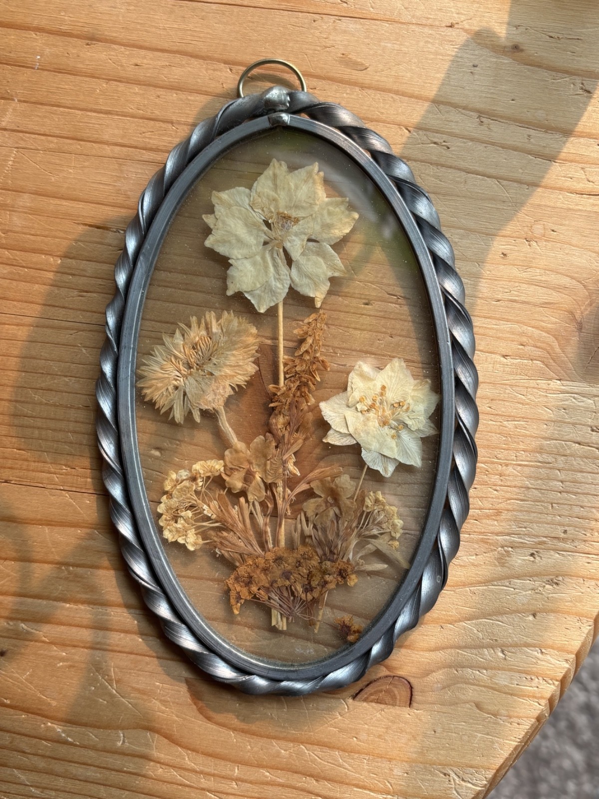 Vintage Set of 3 Real Dried Pressed Flowers In Glass Pewter Frames