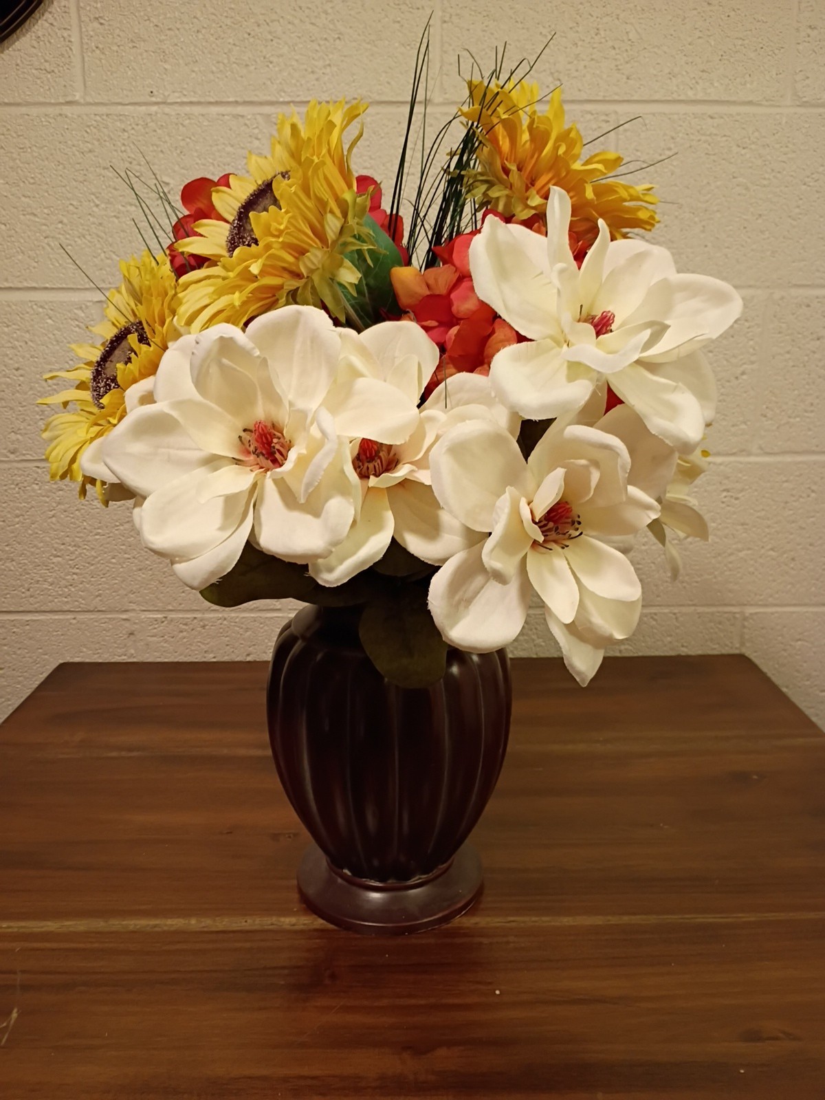 Bouquet of Large Silk Flowers In Bronze Vase