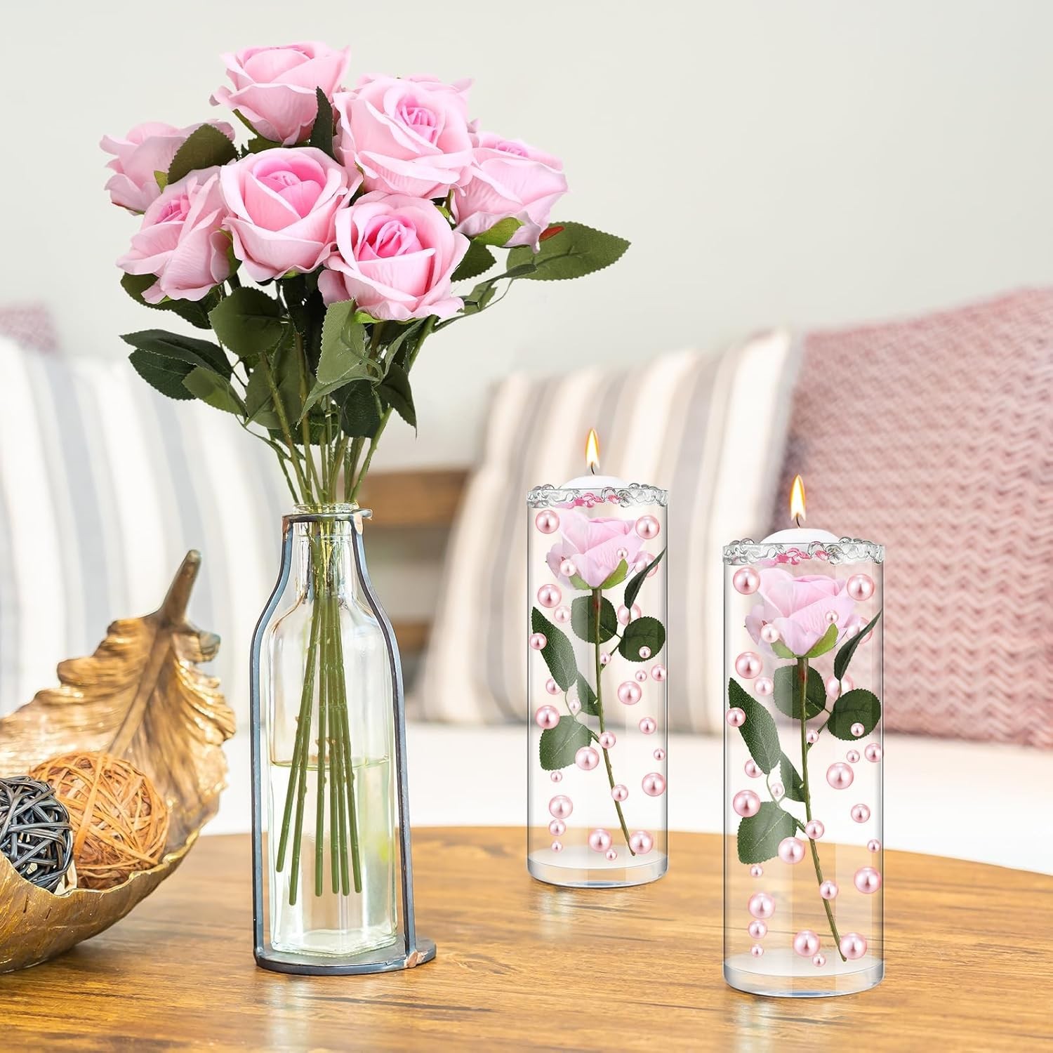 Vase Filler Set: 12 artificial roses, 12 floating candles for centerpiece