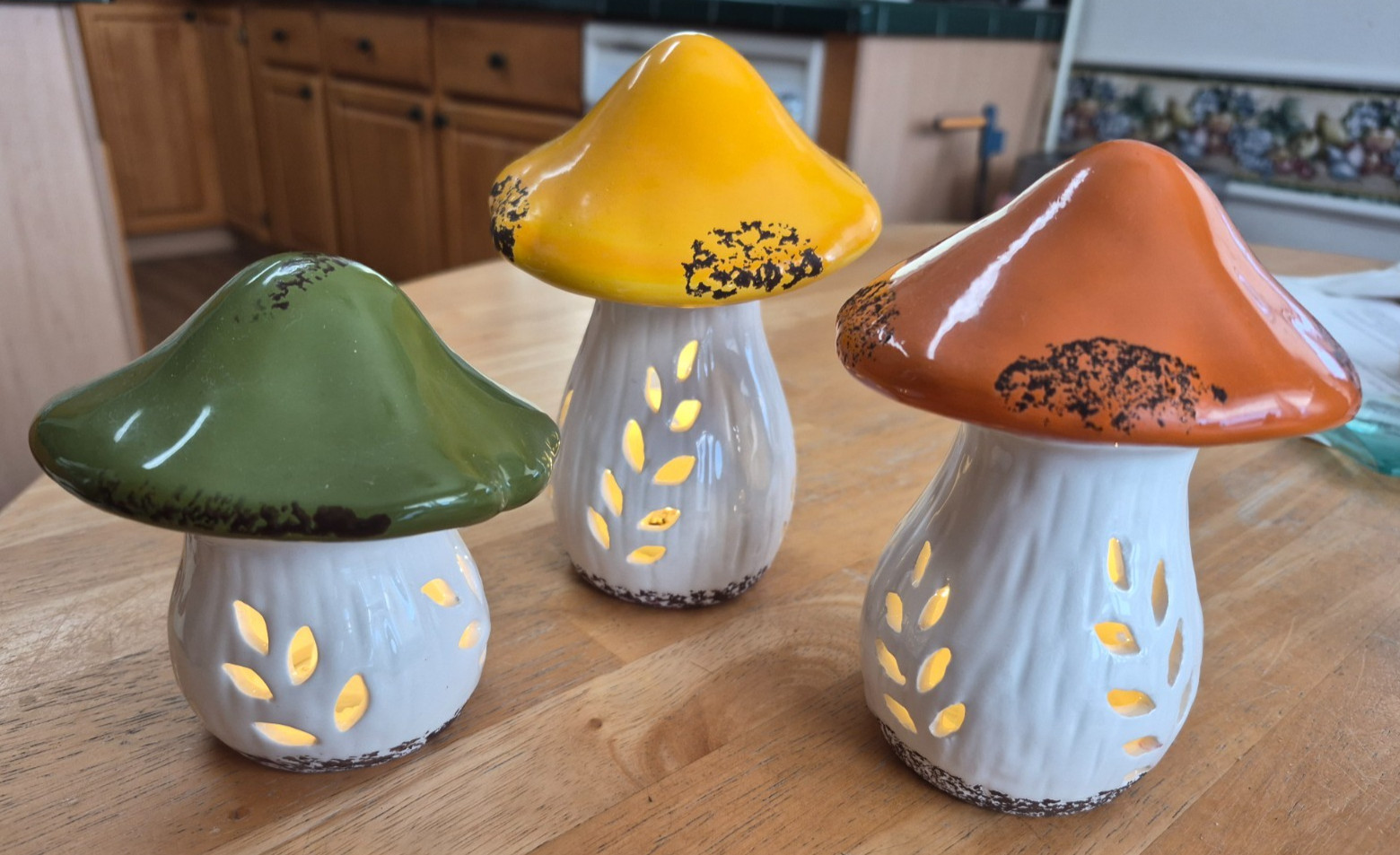 3 Lighted Mushroom Fairy Lights Ceramic Home Table Decor Orange Yellow Green