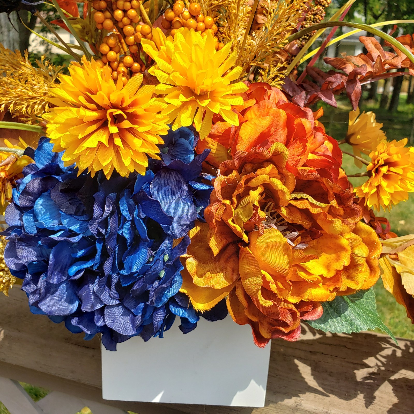 Set of 2 Large Fall Floral Arrangements, Blue Hydrangea Autumn Mantel Decor
