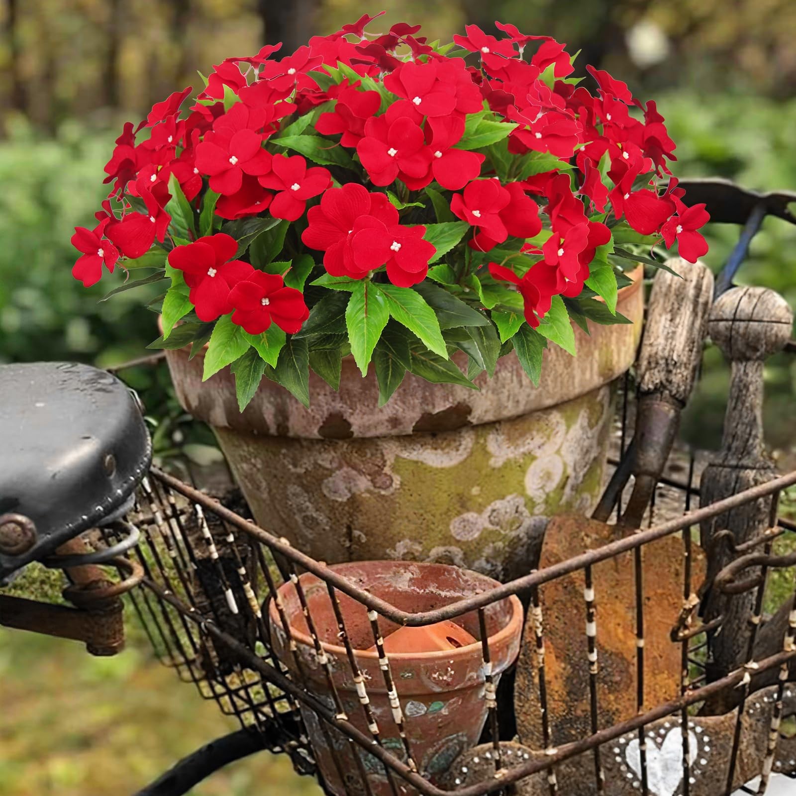 Artificial Outdoor Impatiens Flowers UV Resistant Faux Red Bushes 4PCS