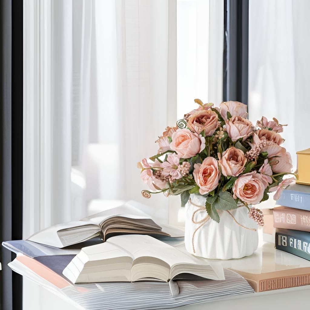 Faux Flowers with Vase,Artificial Silk Flowers in Ceramic Vase,Small Fake Flo…