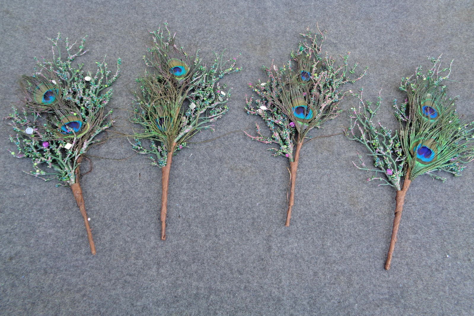 4- Blue Green Glittered Peacock Feather Stems Floral Picks 12″
