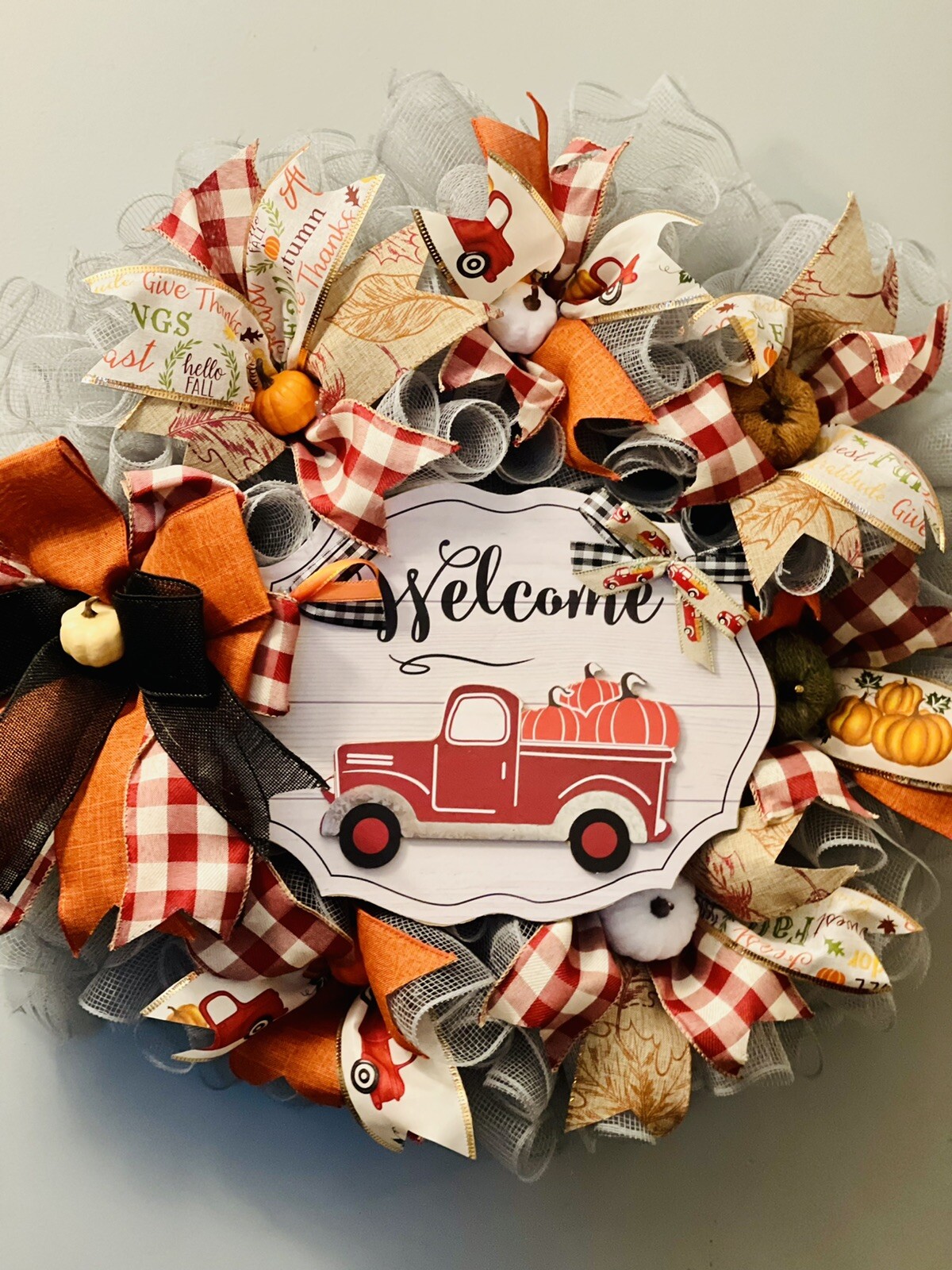 Fall Autumn All Occasion Red Truck Farmhouse Handmade Deco Mesh Door Wreath